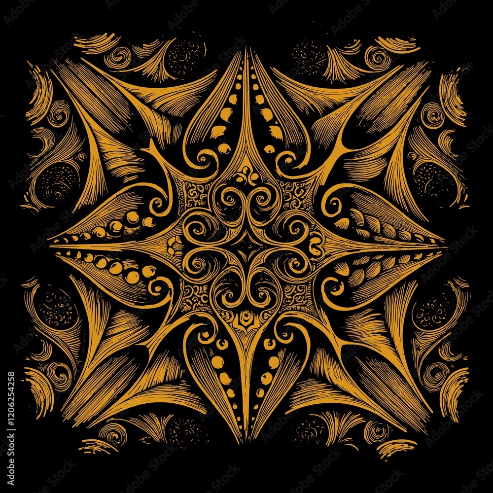 Poster intricate golden ornamental design featuring swirling patterns and symmetrical shapes on a dark back