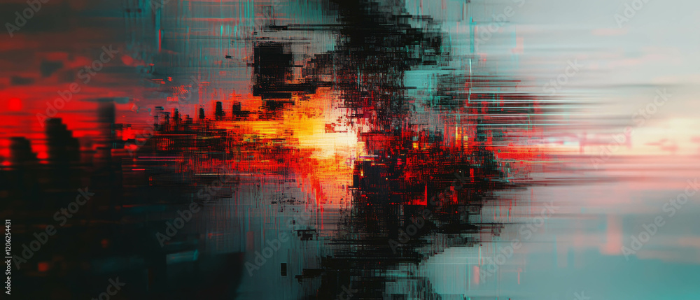 Poster digital noise and pixelated patterns create an abstract glitch art experience