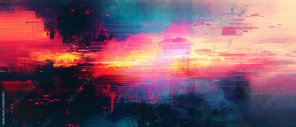 Poster exploring the chaos of digital noise through pixelated patterns and glitch art