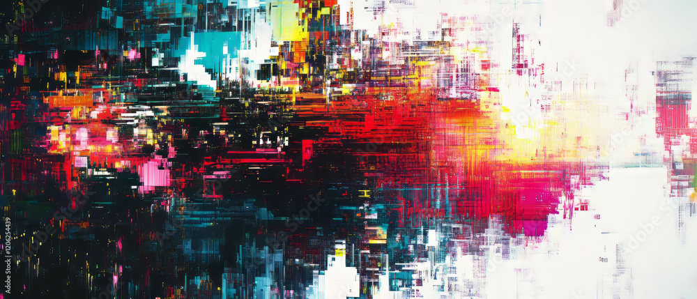 Poster exploring the complexity of digital noise and glitch art patterns in vibrant colors
