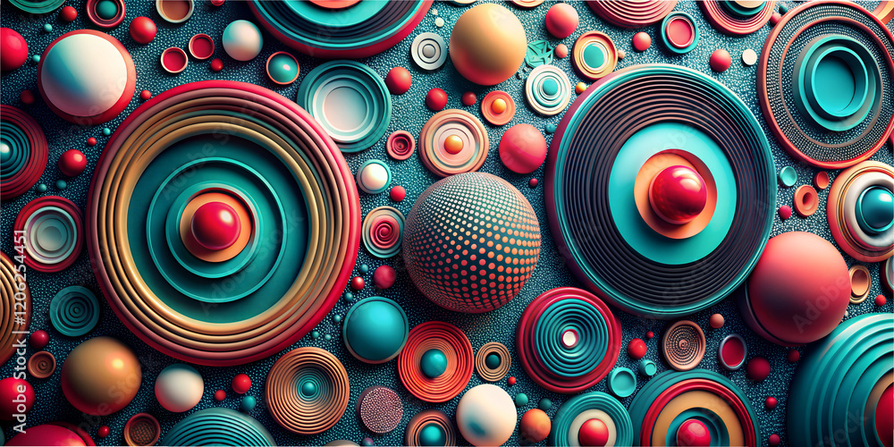 Poster dynamic composition of layered circles and spheres in vibrant colors creates a captivating abstract 