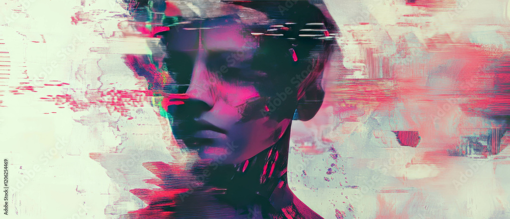 Poster exploring digital noise and pixelated patterns in glitch art composition