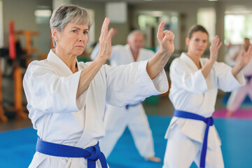 Obraz premium Adult people practicing taekwondo and warming up for training while standing barefoot 