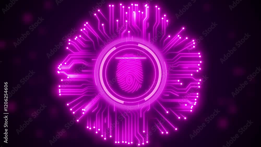 Poster digital processing of fingerprints neon glowing looping technology fingerprint on a black background