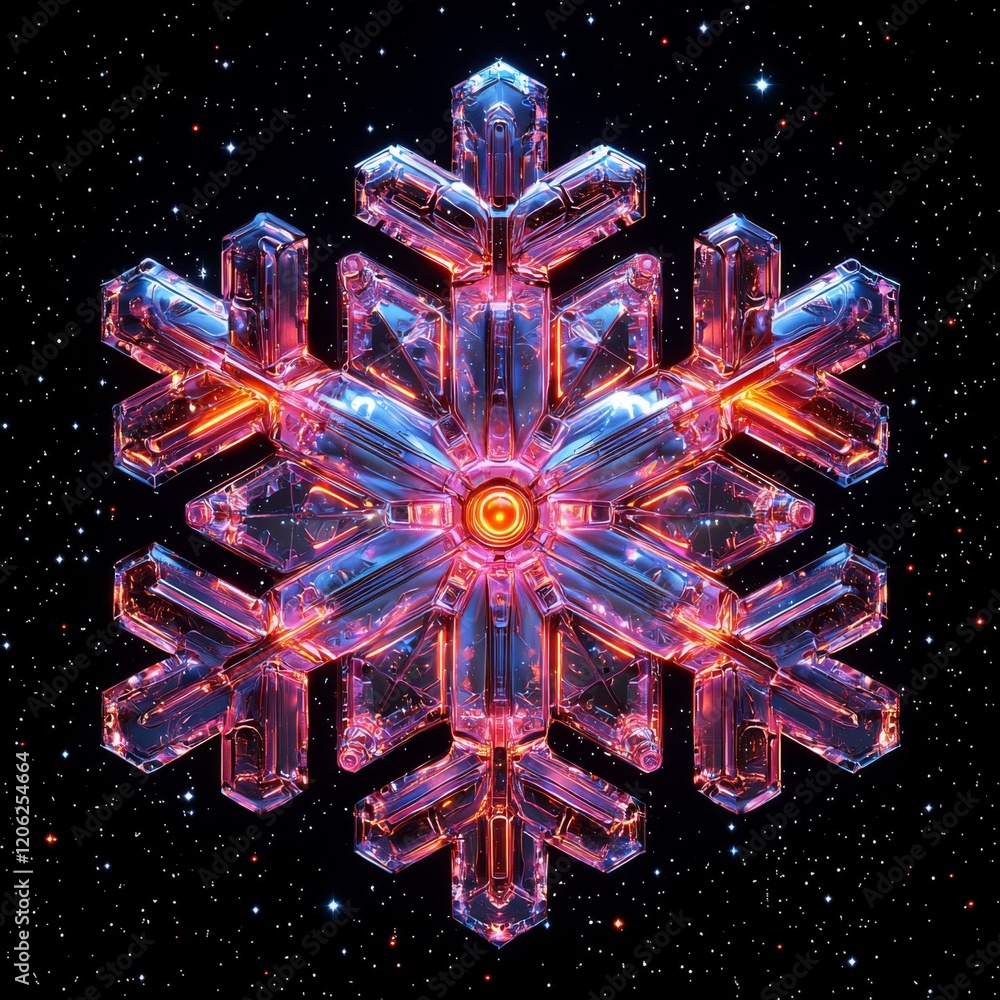 Poster a snowflake design that shines brightly with pink and blue hues against a dark backdrop, creating a 