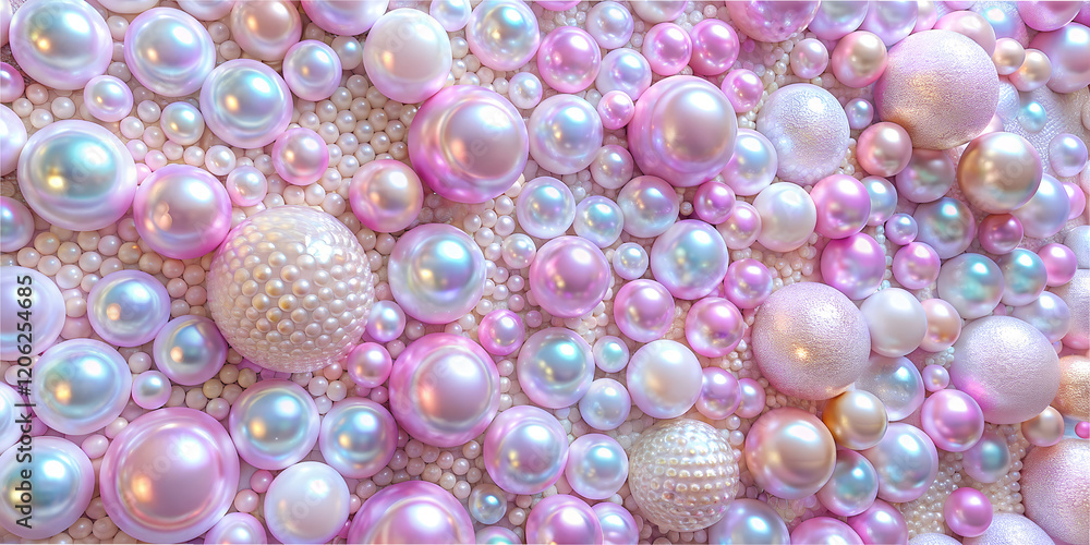 Poster abstract design featuring layers of colorful pearl-like spheres creating a vibrant and textured wall