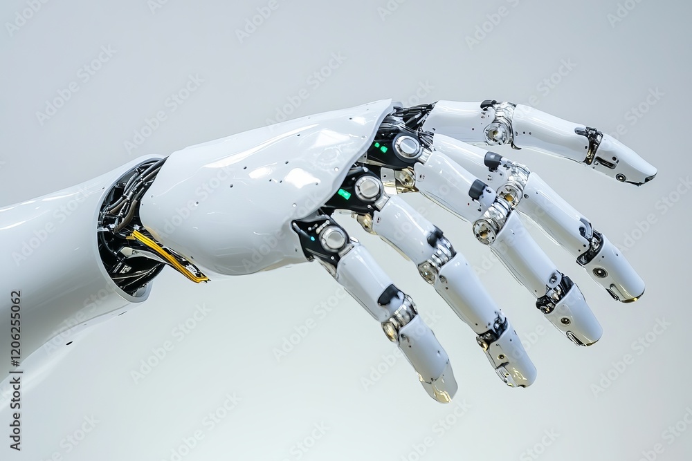 Poster advanced robotic hand technology white mechanical arm futuristic design innovation artificial intell
