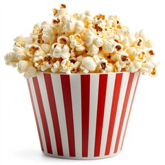 A delicious basket of popcorn overflowing from a red-and-white striped container, ideal for movie nights, parties, and a perfect snack treat.