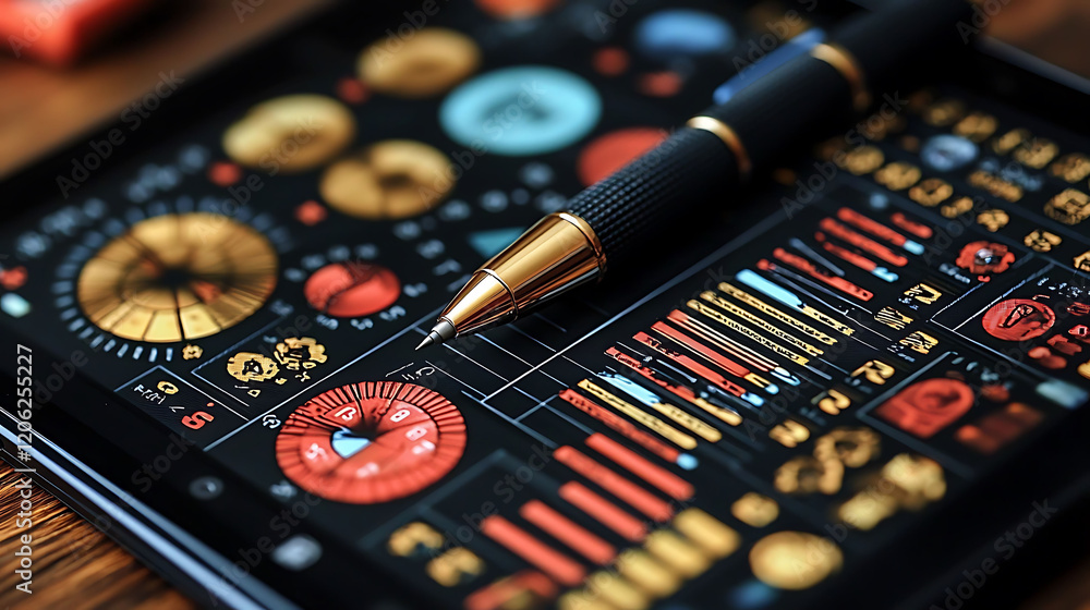Poster closeup of a tablet displaying intricate data visualizations with a sophisticated pen resting on it.