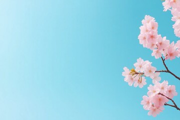 A beautiful blue sky with a tree in the foreground. The tree has pink flowers blooming on it, creating a serene and peaceful atmosphere. The sky is clear and bright, with no clouds in sight