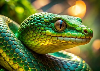 Obraz premium Miniature Green Snake with Golden Scales - Tilt-Shift Macro Photography