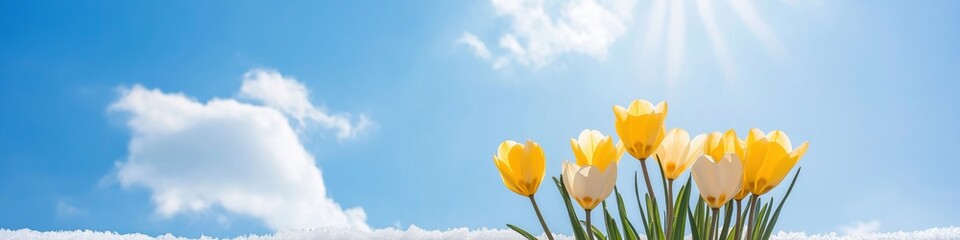 A field of yellow flowers with a blue sky in the background. The flowers are in full bloom and the sun is shining brightly. The scene is peaceful and serene, with the flowers