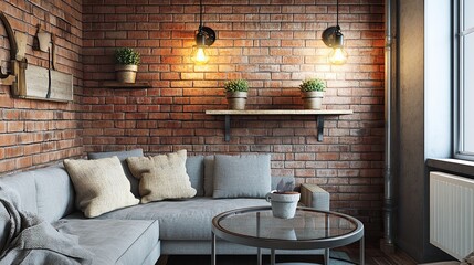 A small industrial-style living room with raw brick walls framing a cozy corner filled with a light gray sofa
