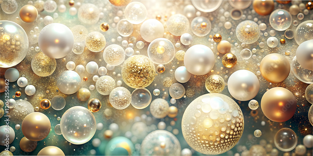 Poster colorful abstract design featuring layers of translucent bubbles and spheres in warm tones, creating