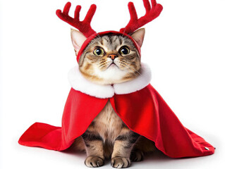 Festively dressed cat in red cape and reindeer antlers celebrating holiday season indoors