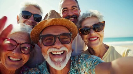 Group of smiling seniors at the beach looking at the camera. - Powered by Adobe