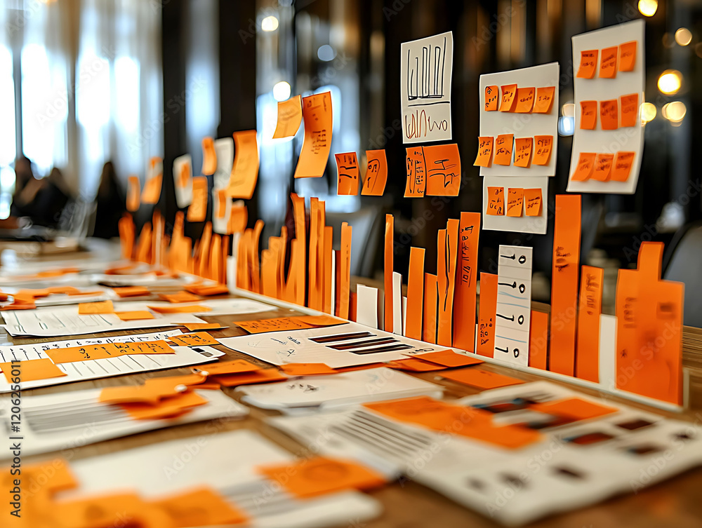 Poster a vibrant workspace showcasing collaborative brainstorming. orange sticky notes and handwritten char