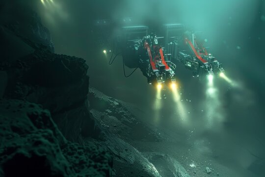 Robotic arms extracting glowing minerals from a seabed vent, surrounded by a cloud of sediment in the deep ocean twilight.