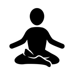 Yoga man icon. Meditation symbol. Sitting yoga man stick figure silhouette. Yogi person relax pose vector illustration. Yoga asana sign. Human harmony concept. Buddhism logo. Calm spiritual position.