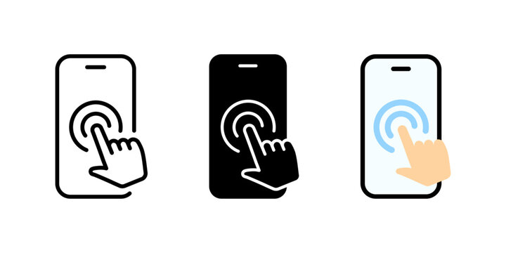 Mobile phone touch screen icon. Hand pointer gesture. Display finger click, press or tap vector illustration. Touch screen web interface swipe button concept. Hand cursor mobile phone display sign.