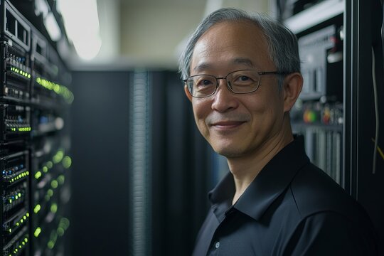 Smiling Mature Asian IT Specialist Working in Modern Data Center Server Room Professional Portrait Technology Expert Happy Man in Glasses Network Administrator Rack Cloud - Powered by Adobe
