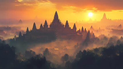 Sunrise over ancient temple complex with fog in the distance. Shadow Temple. Illustration