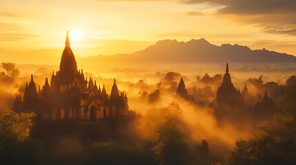 Sunrise over ancient temple ruins in southeast asia with golden light and misty mountains. Shadow Temple. Illustration