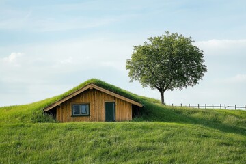 Obraz premium Wooden house with green roof surrounded by lush grass against the background of hills and tree
