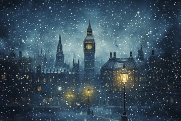 Fototapeta premium Winter town of old England 19th century, evening, snowing