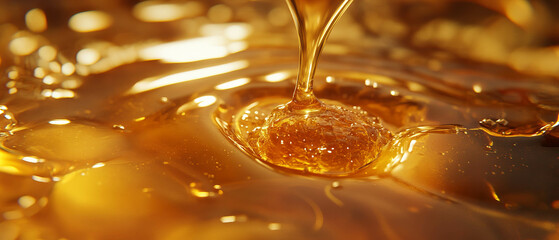 Golden honey dripping smoothly into a pool of liquid sweetness
