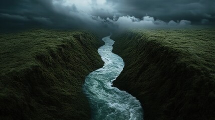 A winding river flows through a lush green valley under a stormy sky.