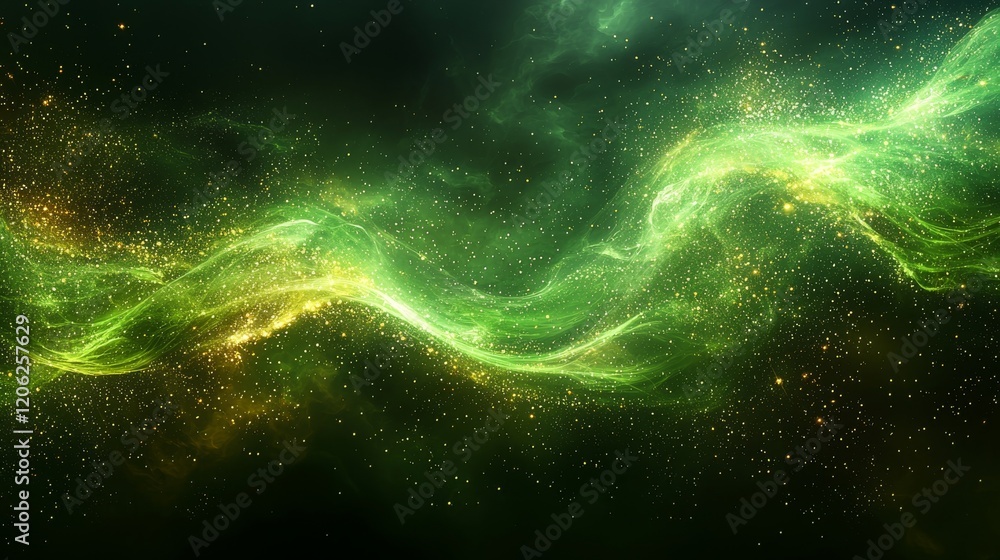 Poster green light beams generate depth within a textured abstract backdrop