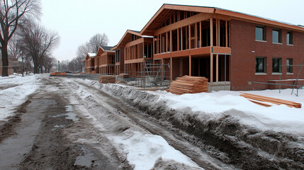 Fototapeta premium A developing residential area filled with private houses in various stages of construction. The scene features unfinished walls, construction equipment creating evolving neighborhood atmosphere.