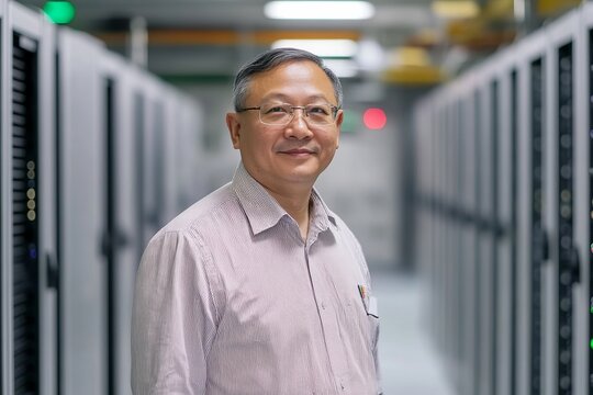 Portrait of a Smiling Asian Male IT Professional in a Modern Data Center Server Room Environment  Working Technology Expert  Happy Businessman Web Admin Cloud System     