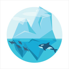Iceberg. Ice. Orca whale. Fish. Sea animals. The icy ocean. Arctic. Glacier. Antarctica. Polygonal illustration on a white background. Vector