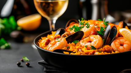 Colorful seafood paella in a traditional pan with shrimp, mussels, chorizo, and fresh vegetables, garnished with parsley and lemon wedges, accompanied by glasses of white wine on a rustic wooden table