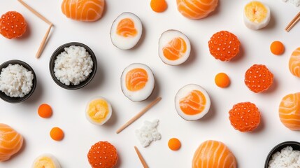 Colorful assortment of sushi and rice arranged artfully on a white background, showcasing culinary art
