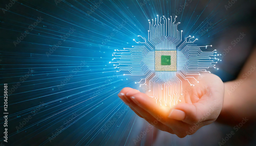 Poster a glowing microchip circuit board floats above an open palm, symbolizing innovation, technology, and