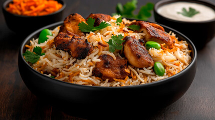 Fototapeta premium Delicious Chicken Biryani Dish with Aromatic Spices and Fresh Side Accompaniments.