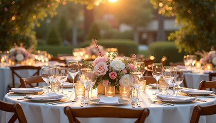 Elegant dinner table setting with flowers at sunset, Spring weddings