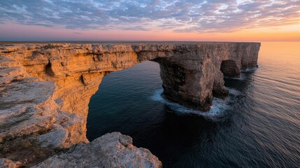 Sunrise over coastal arch rock formation