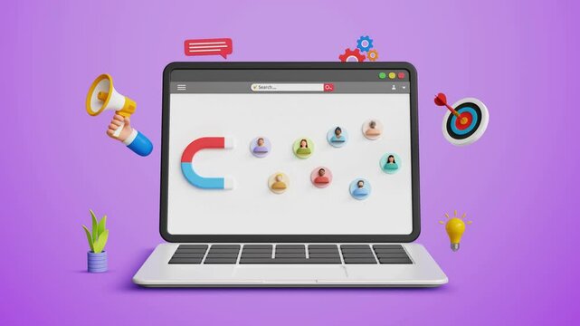 Digital marketing and customer engagement. Ads, audience outreach, attract audience, discount offers, business marketing strategy. 3D magnet attracting audience on a laptop screen. 4K 3D animation