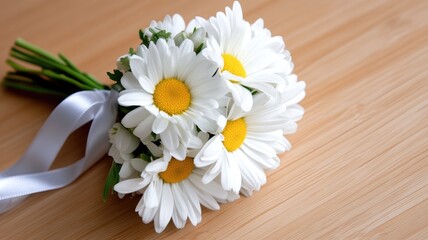 Obraz premium Elegant daisy bouquet with white petals and yellow centers on wooden table