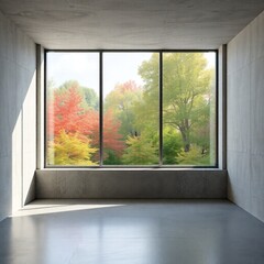 Obraz premium Empty concrete room with large window, nature scene. 