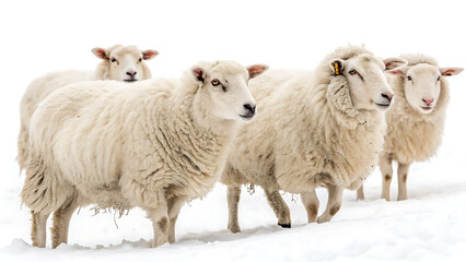 Adorable Sheep Flock Grazing Peacefully on Rolling Hills Isolated on White or Transparent Background