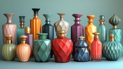Elegant assortment of colorful geometric perfume bottles displayed on a wooden table
