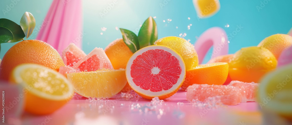 Poster refreshing display of vibrant citrus fruits in a colorful setting
