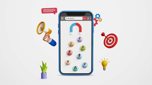 Customer acquisition and retention concept. CAC, advertising, lead generation, promotion, targeted marketing concept. 3D mobile screen with magnet attracting customers. 4K 3D animation