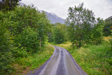 View to Sognefjord Olden in Norway 2024. Small town cruise port Olden Norwegian fjords, Rorbu houses. By Briksdal Glacier. Scandinavia, Europe.