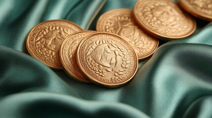 Glimmering gold coins stacked on soft teal fabric in warm light